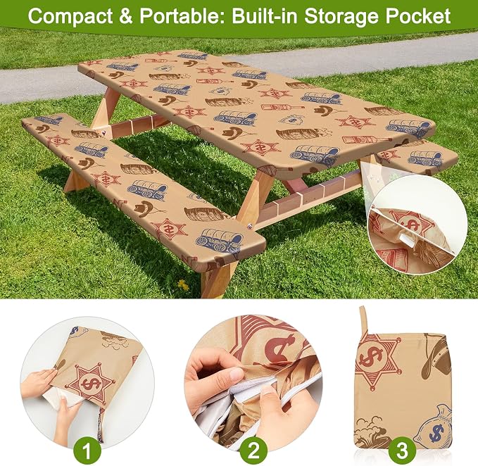 Picnic Table and Bench Cover Set, Waterproof Fitted Elastic Cloth | Portable Camping Essentials With Built-In Storage Pocket And Waterproof Fabric For Outdoor RV Or Picnic Table Use