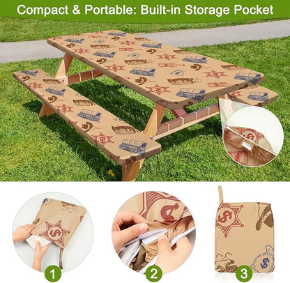 Picnic Table and Bench Cover Set, Waterproof Fitted Elastic Cloth | Portable Camping Essentials With Built-In Storage Pocket And Waterproof Fabric For Outdoor RV Or Picnic Table Use
