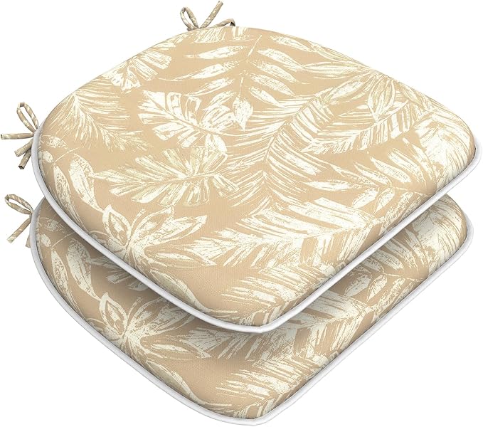 DYTXIII Set of 2 Outdoor Chair Cushions with Ties, Water Repellent Patio Chair Pads 17"x 16" for Outdoor Furniture, Round Corner Seat Cushions for Garden Yard Kitchen Tropical Leaf Oat
