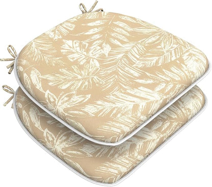 DYTXIII Set of 2 Outdoor Chair Cushions with Ties, Water Repellent Patio Chair Pads 17"x 16" for Outdoor Furniture, Round Corner Seat Cushions for Garden Yard Kitchen Tropical Leaf Oat