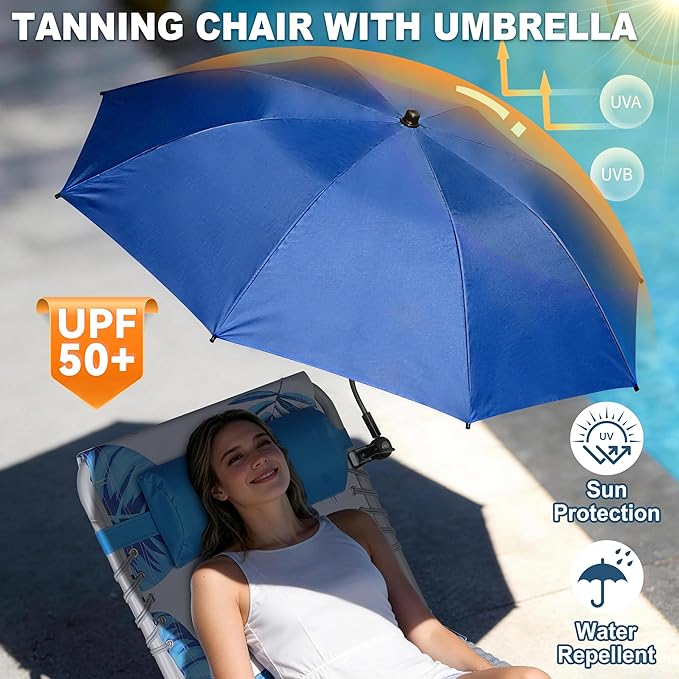 Luxfero 3-in-1 Beach Lounge Chair with Umbrella, Sun Tanning Chair with Face Hole&5-Position Recliner, Folding Lounge Chair Outdoor Lay Flat, Max 350lbs,Portable Tanning Chair with Pillow&Pocket-White