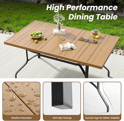 Outdoor Patio Table with 1.57" Umbrella Hole, 60"x35" Outdoor Dining Table Wood-Like Texture, All-Weather Metal Frame Patio Dining Tables for Poolside, Deck, Proch