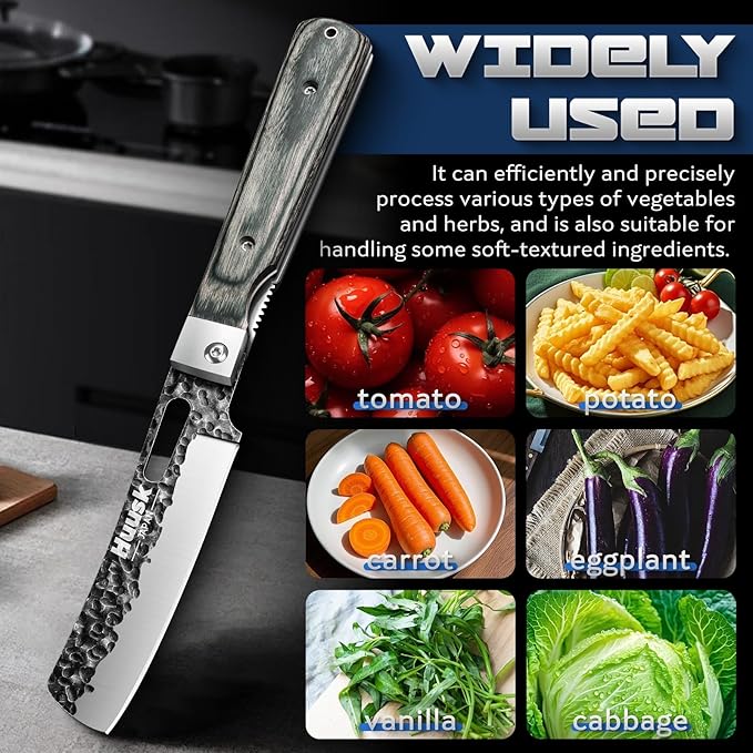 Huusk Japanese Folding Nakiri Knife - Pocket Vegetable Knife with Hand Forged Blade - Portable Kitchen Knives for BBQ, Camping and Travel - Gift for Men and Women