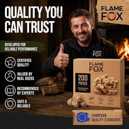 FlameFox Fire Starters 200 pcs – Natural Wood Wool Tumbleweed Fire Starter – Odorless Long Burning and Eco Friendly Firestarters – for Fireplace, Campfire, Grill, BBQ, Charcoal, Wood Stove & Fire Pit