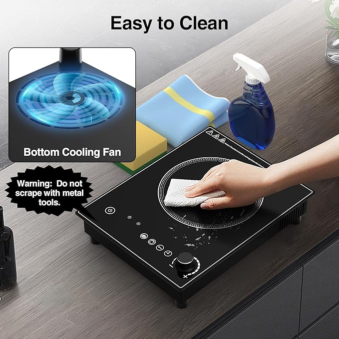 1800W Portable Electric Cooktop – Features touch & knob controls with 10 heat levels, child lock, and timer. 110V for home, camping, and apartments.