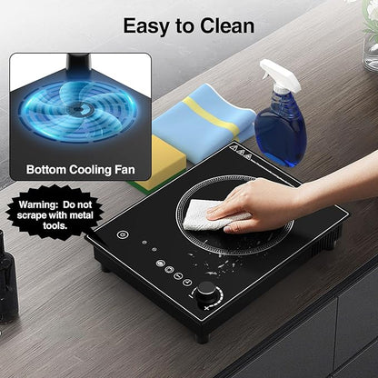 1800W Portable Electric Cooktop – Features touch & knob controls with 10 heat levels, child lock, and timer. 110V for home, camping, and apartments.