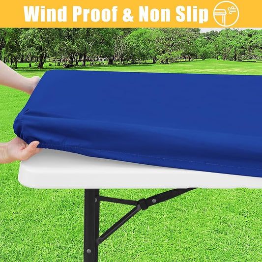 Rectangle Table Cloth, Waterproof Elastic Fitted Tablecloth for 8 Foot Folding Tables, Washable Polyester Tablecloths for Picnic, Camping, Outdoor (Blue, 30"x96")