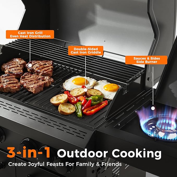 4 Burner Propane Gas Grill with 1 Side Burner, 50,000 BTU Outdoor BBQ Grill, Heavy-Duty Steel Construction, Cast Iron Cooking Grates & Griddle, Backyard Patio Barbecue