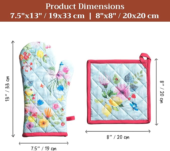 Maison d' Hermine 100% Cotton Oven Mitt & Pot Holder Set (7.5"x13" & 8"x8") Heat Resistant BBQ Cooking Gloves with Loop Baking Grilling Kitchen Hotel Home Farmhouse Spring Summer (Jardin D'Ete - Mint)