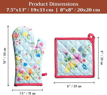 Maison d' Hermine 100% Cotton Oven Mitt & Pot Holder Set (7.5"x13" & 8"x8") Heat Resistant BBQ Cooking Gloves with Loop Baking Grilling Kitchen Hotel Home Farmhouse Spring Summer (Jardin D'Ete - Mint)