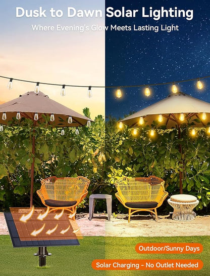 Brightever 100FT Solar String Lights Outdoor Waterproof with Remote, 36+2 Shatterproof ST38 LED Bulbs, Dimmable Patio Lights Solar Powered, 3 Lighting Modes Solar Lights for Backyard, Garden, Deck