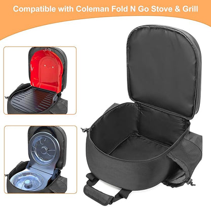GRAOSO Camping Grill Bag Compatible with Coleman Fold N Go Grill & Stove, Portable Gas Stove Carrying Case with 2 Side Pockets for 1lb Propane Cylinders, and Tools Pockets, Black