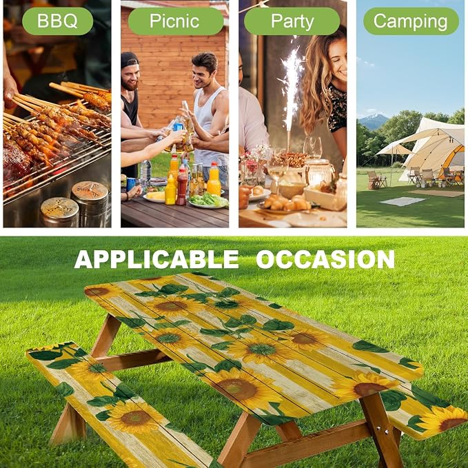 FOREVER QUEEN Picnic Table Cover with Bench Covers – Waterproof Elastic Fitted Tablecloth for 6 Foot Rectangle Tables, 3PCS Set with Drawstring Bag for Camping RV Outdoor Travel (Spring Sunflowers)