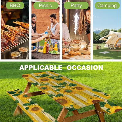 FOREVER QUEEN Picnic Table Cover with Bench Covers – Waterproof Elastic Fitted Tablecloth for 6 Foot Rectangle Tables, 3PCS Set with Drawstring Bag for Camping RV Outdoor Travel (Spring Sunflowers)