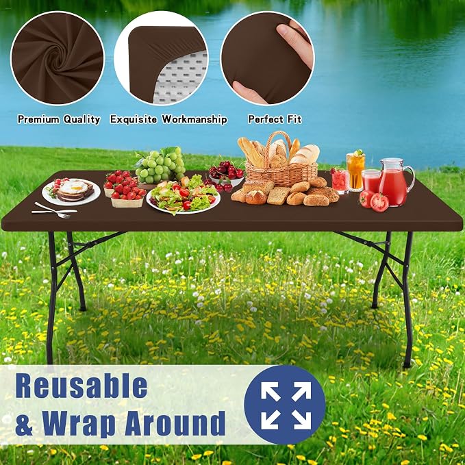 Moosfor Spandex 8 Foot Rectangle Table Cloth, Elastic Fitted Tablecloths for Picnic, Stretch Washable Patio Table Cover for Outdoor, Camping, Banquet and Parties (Coffee, 30"x96")