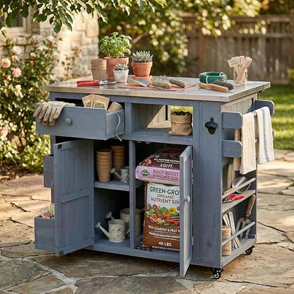 Outdoor Kitchen Island with Stainless Steel Top, Extendable Solid Wood Grill Cart on Wheels, Mobile BBQ Prep Table with Storage Cabinet and Spice Rack for Patio Backyard,