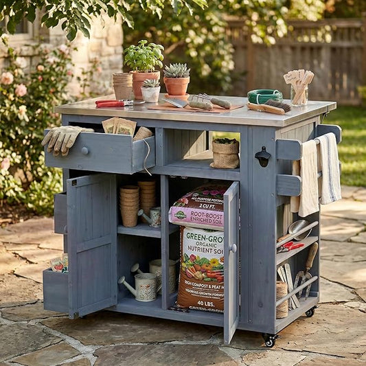 Outdoor Kitchen Island with Stainless Steel Top, Extendable Solid Wood Grill Cart on Wheels, Mobile BBQ Prep Table with Storage Cabinet and Spice Rack for Patio Backyard,