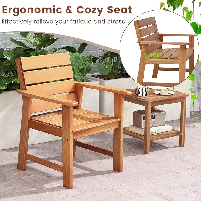 Tangkula Set of 4 Wood Patio Dining Chair, Wood Dining Armchairs with Breathable Slatted Seat & Inclined Backrest, Ergonomic Outdoor Chairs for Backyard, Balcony, Garden