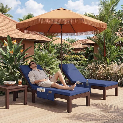 Patelai 2 Set Outdoor Chaise Lounge Cushions with Chair Covers, 70 x 21 x 3 Inch Waterproof Sun and Fade Resistant Thick Replacement Lounge Chair Cushions with Pockets for Patio Poolside (Blue)