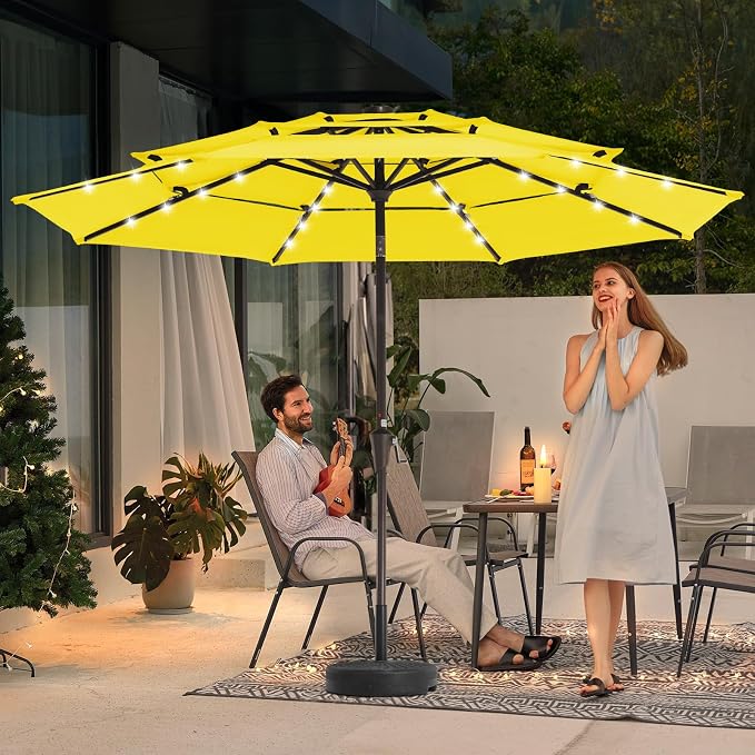 JEAREY 9 ft 3-Tier Outdoor LED Lighted Patio Umbrella w/Crank, Yellow | Solar Market Table Umbrella with 8 Sturdy Ribs, UV Protection Waterproof Sunproof for Garden, Deck and Backyard