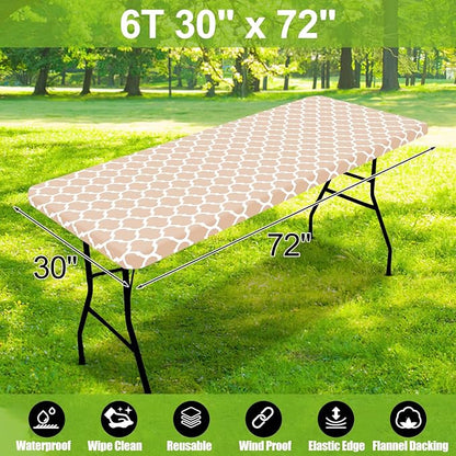 Smiry Picnic Fitted Table Cover, 6 Foot Flannel Backed Vinyl Tablecloth | Waterproof Elastic Stretch Table Cloth, Wipeable Plastic Tablecloth for Camping, Indoor & Outdoor (Khaki, 30" x 72")