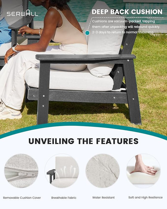 SERWALL HDPE Patio Furniture Set with 15FT Double Side Patio Umbrella, All Weather Wood-Like Outdoor Sofa Sectional Couch, Grey Patio Furniture with Khaki Cushions