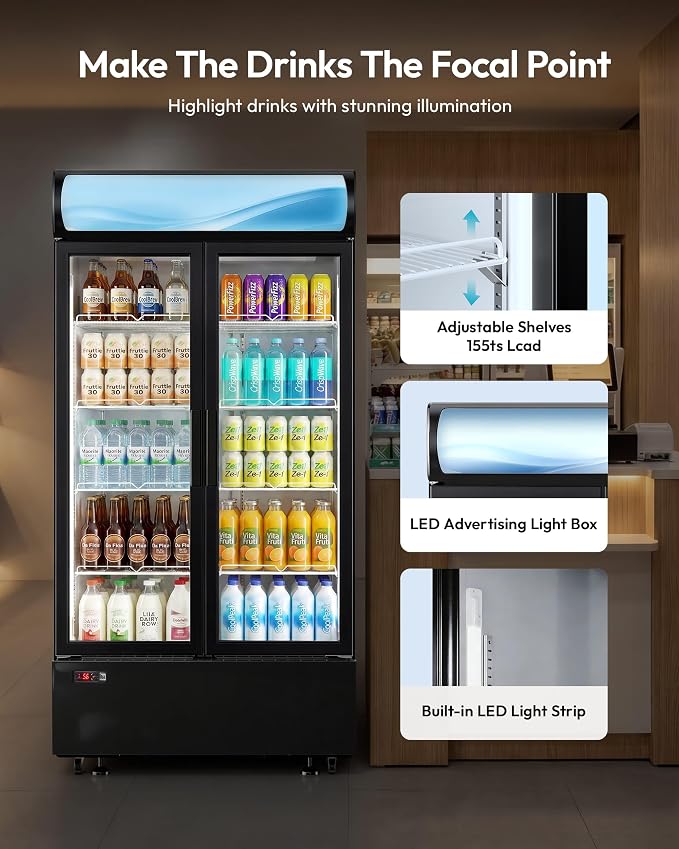 21 Cu.Ft Commercial Display Refrigerator with Double Glass Doors | LED Lightbox, 8 Adjustable Shelves, 32-50°F Digital Control, R290 Air Cooling, ETL Certified, Retail Store Use