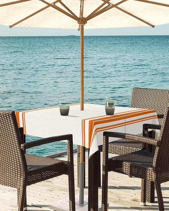 QueenKer Fall Outdoor Tablecloth with Umbrella Hole, Farmhouse Orange Stripe Square Tables Zippered Table Cloth Waterproof Tabletop Table Cover Collection for Patio, Garden, Picnic, Camping, Dining