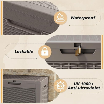 Fancyango 32 Gallon Outdoor Deck Box Waterproof, Storage Box for Patio, Resin Storage Bench Lockable for Garden Tools, Package Delivery, Grey