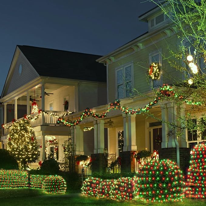 WBao Christmas Lights Outdoor 200LED 8.4ft x 5.2ft Christmas Net Lights with 8 Modes, Timer, End to End Connectable, Waterproof for Lawn, Bushes, Trees Outdoor Xmas Decorations, Red Green