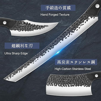 8 PCS Butcher Knife Set, Japanese Kitchen Knife Set, Hand Forged Chef Knife Set with Leather Roll Bag, Sharp Meat Cleaver Knife for Kitchen & Hunting & Camping & BBQ, Best Gift for Men