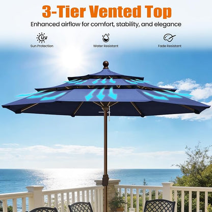 EliteShade USA 10-Year-Non-Fading 10ft 3-Tier Market Patio Umbrella, Commercial Grade Outdoor Table Umbrella with Crank Open, Windproof & UPF 50+ UV Protection, Heavy Duty Ventilation for Garden, Deck, Pool, Backyard, Beach & Bistro, No Tilt, Navy Blue