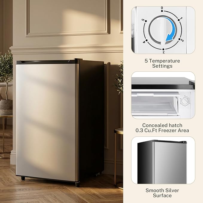 3.2 Cu.Ft Mini Fridge with Freezer, 1 Door Small Refrigerator with Adjustable Thermostat Energy-efficient Low Noise, Compact Fridge for Bedroom, Office, Dorm, Silver