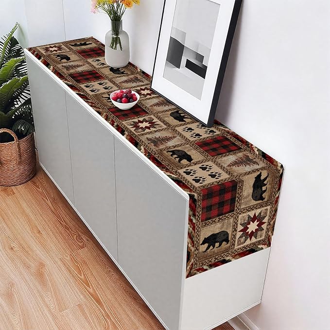 Retro Bear Table Runner,Dining Decor for Kitchen Coffee Table Family Dinners Holiday Parties Wedding Events Decor(13x72 inch)