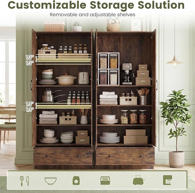 GIANTEX 72" Tall Kitchen Pantry Cabinet, Farmhouse Cupboard, Rustic Brown | Wooden Buffet Cabinet w/ 2 Doors, Drawer & Adjustable Shelf, Freestanding Versatile Storage Cabinet for Living Room Bathroom