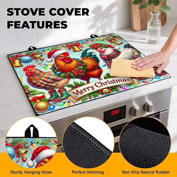 Christmas Stove Top Cover Snowman Stove Top Cover for Home Decoration Kitchen Pad Non-Stick Washable Cooktop Covers Countertop Protector Keep Stove Clean 28"x20" (Rooster)