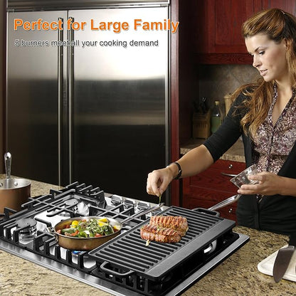 30 Inch Bulit-In Gas Cooktop with Griddle, 5 Italy SABAF Powerful Burners Over 92% High Efficiency, Max 48300BTU Gas Stove Top, 304 Stainless Steel Panel, NG/LPG Convertible, CSA Certified