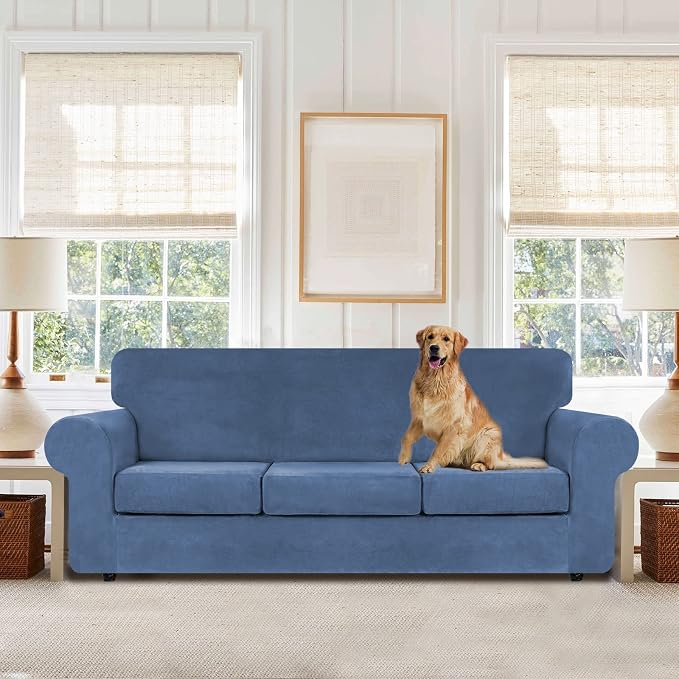 WEERRW 4 Pieces Couch Cover for Sofa Velvet Slipcovers Washable, Light Blue | Sofa Covers for 3 Cushion Couch Furniture Protector Sofa Slipcovers with Non Slip Elastic Bottom, Pet Friendly, Large