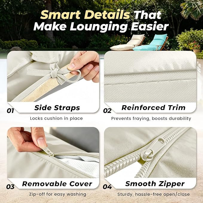 Outdoor Chaise Lounge Chair Cushion, Waterproof Non-Slip Patio Chaise Lounge Cushions for Outdoor Furniture, 80 x 26 x 5 Inches, Beige