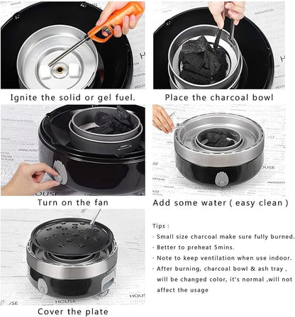 Portable Smokeless Charcoal BBQ Grill - Outdoor Camping Small Tabletop Cooking Mini Barbecue - Built in Fan Power by 4A Battery Or Phone Charge