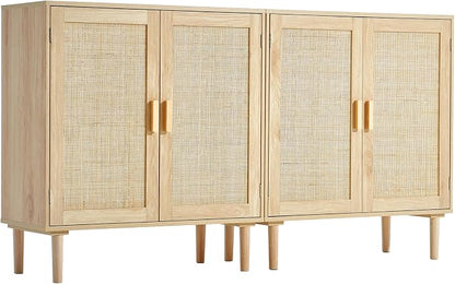 VEVOR Rattan Buffet Cabinet with Storage, 4 Magnetic Doors and Adjustable Shelves, Sideboard for Hallway, Living Room, Kitchen, Natural