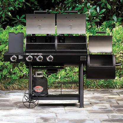 Char-Griller® Texas Trio 3-Burner Gas & Charcoal Grill and Smoker, Push Button to Ignite, Dual temperature Guages, Side Burner, Includes Side Firebox, 1,390 Cooking Square Inches, Black, Model# 3070