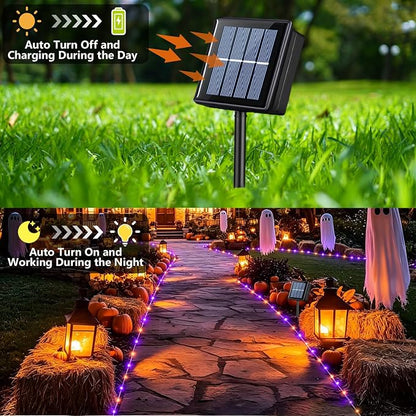 YEGUO Solar Halloween Lights Outdoor Waterproof, 66ft 200 LED Purple and Orange Solar Rope Lights, 8 Modes Fairy Lights in Clear Thin Tube