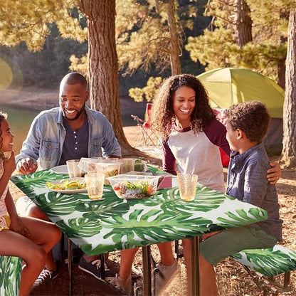 Tropical Picnic Table Cover with Bench Covers, 3 Pieces Set, Monstera Leaf Palm Tree Print Rectangular Picnic Fitted Tablecloth and Bench Covers, 72X28 Inch, Green, for Outdoor and Camping Use