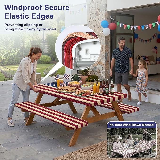 Picnic Table Cover with Bench Covers Windproof Waterproof Picnic Table Covers Camping Tablecloth with Self-Storage Bag, 72in, Vintage Wood Flag