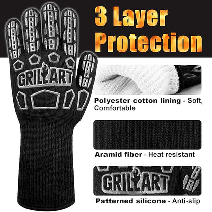 GRILLART BBQ Gloves Heat Resistant Cooking, with 3 Layers Protection, Grill Gloves Heat Proof for Men, Grilling Gloves for Out Door Grill, Grilling Accessories, Grilling Gifts for Men, XXL