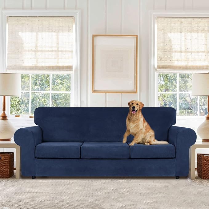 WEERRW 4 Pieces Couch Cover for Sofa Velvet Sofa Covers Washable, Navy Blue | Sofa Covers for 3 Cushion Couch Furniture Protector Sofa Slipcovers with Non Slip Elastic Bottom, Pet Friendly, Large