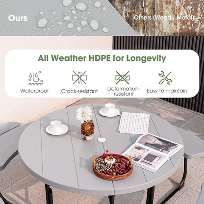 Round Picnic Table for Outdoors, 8 Person Outdoor Picnic Tables & Benches Set with Umbrella Hole, HDPE Tabletop & Metal Frame, 2000 LBS Capacity Table Bench Set for BBQ, Garden, Lawn, Patio