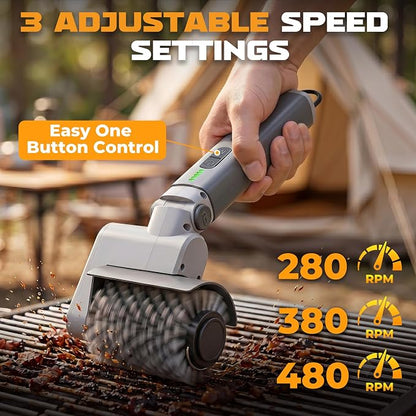 MulWark Electric Grill Brush, BBQ Electric Grill Cleaner with 2 Heads, 480RPM Cordless Motorized Cleaner, 5200mAh Grill Cleaner for Outdoor Grill 6-Piece Kit with Degreasing Pad and Glove