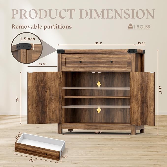 YESHOMY Coffee Bar and Accent Cabinet, Farmhouse Barn Door Buffet Sideboard with Drawer and Adjustable Shelf, Wide Desktop for Kitchen, Dining Room, Bathroom, Entryway, Brown